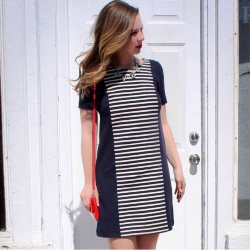 J. Crew Nautical Navy Blue Stripe Short Sleeve Shift Career Dress Size 8